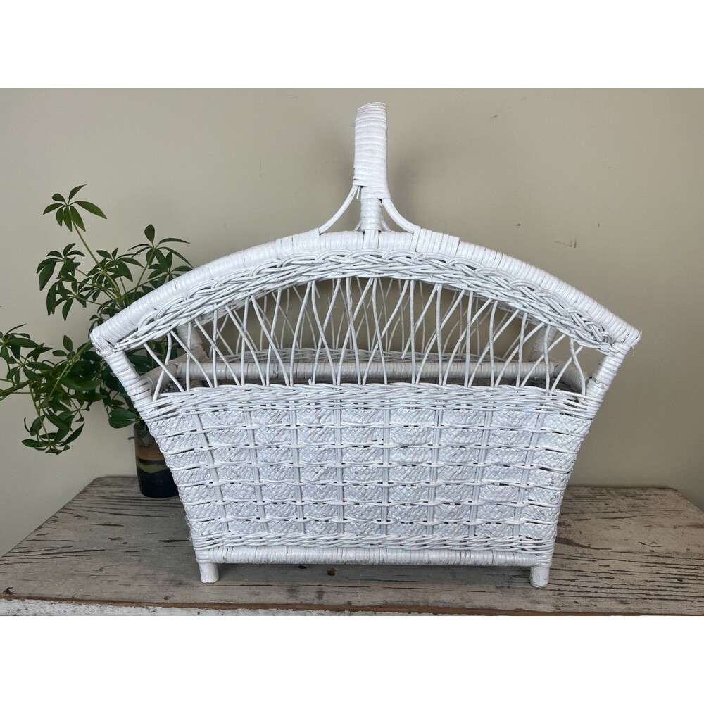 Vintage White Wicker Rattan Magazine Holder Rack Basket Boho MCM